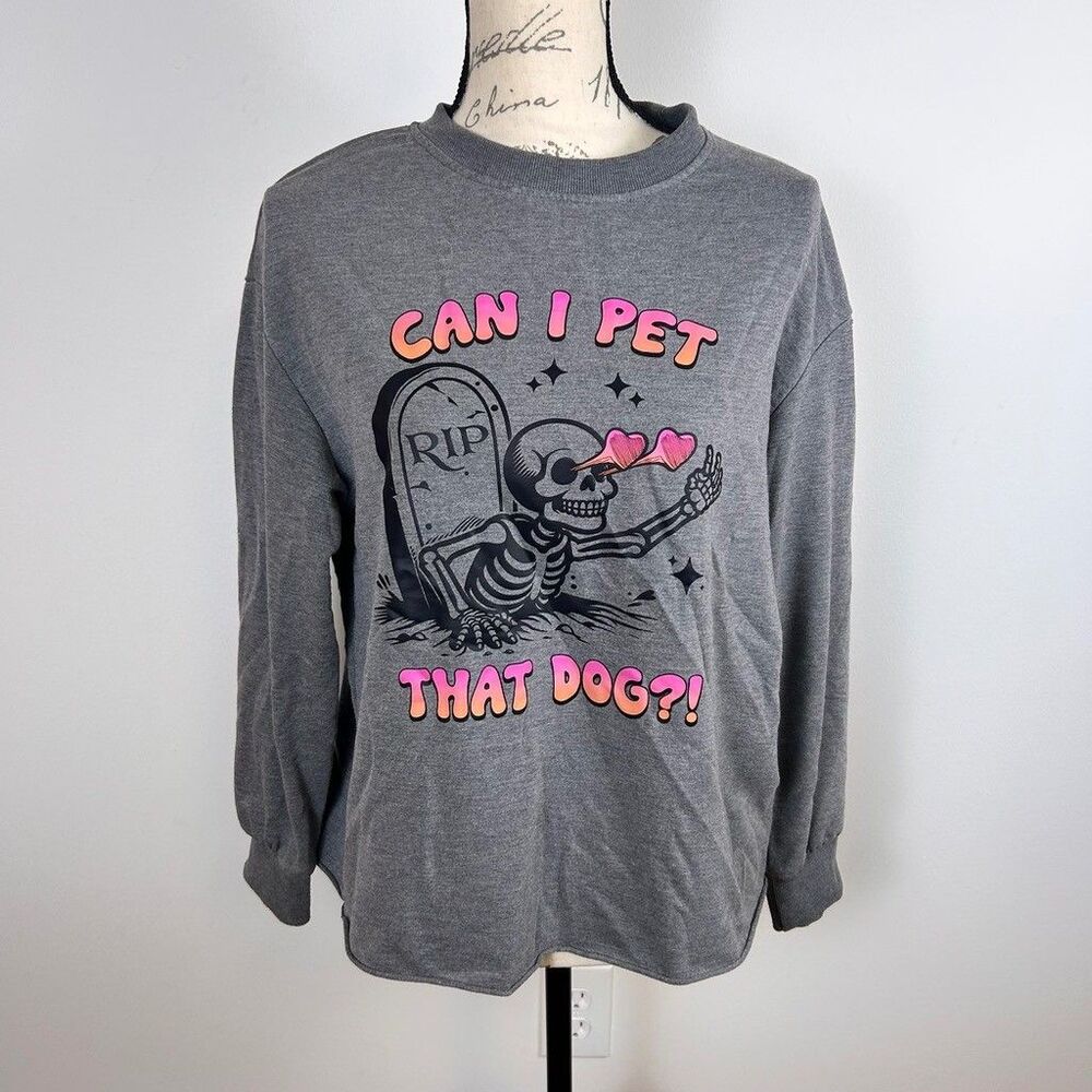 Shein Can I Pet That Dog Skeleton Sweatshirt Womens Medium Gray Halloween Crew